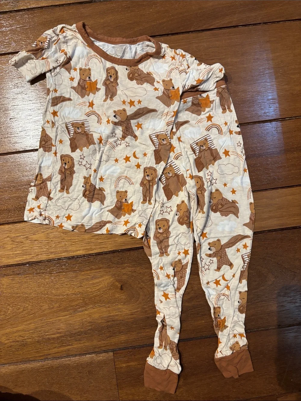 Kids Little Sleepies Reading Bear Print Pajama Set - Brown + Cream 3T